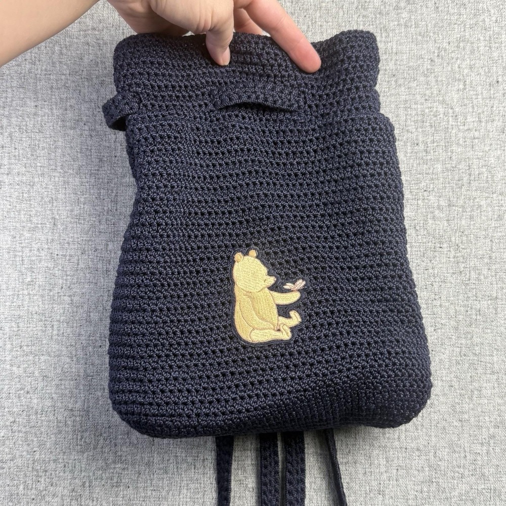 Vintage 90s Y2K  Disney Winnie Pooh Navy Blue Crochet  Backback Cinch Closure‎
